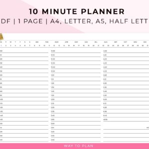 10 Minute Planner Printable for daily productivity and time management. Minimalist planner with 10 minute increments.