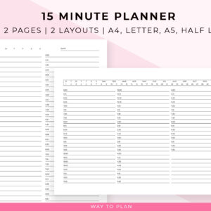 15 Minute Planner Printable for daily productivity. Minimalist planner with 15 minute increments.