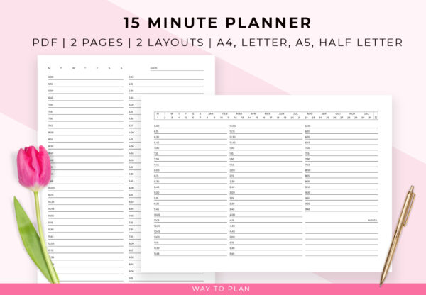 15 Minute Planner Printable for daily productivity. Minimalist planner with 15 minute increments.