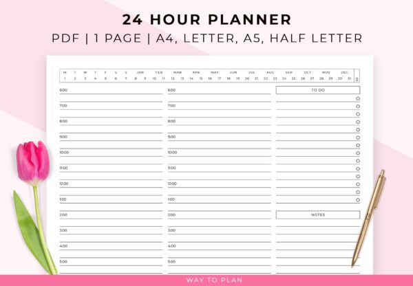 24 hour planner | daily planner hourly | time log | 24 hourly planner | 24 hour plan