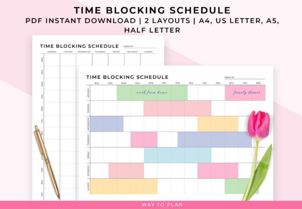 Time block schedule. Log your time by the hour for a whole week. Printable A5, A4, letter planner