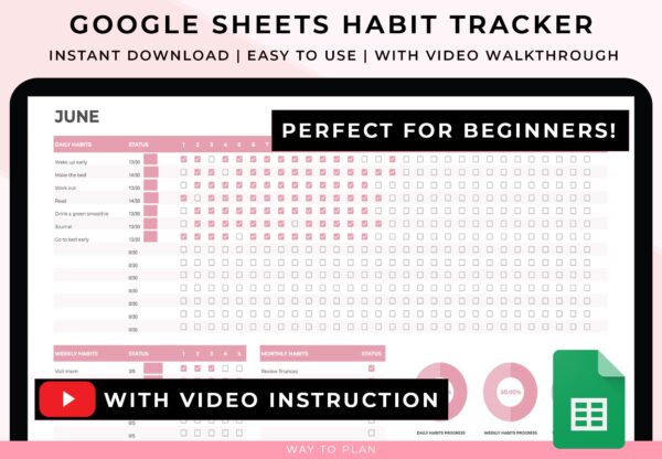 Monthly Habit Tracker Google Sheets Excel Spreadsheet. Simple Editable 2023 2024 Annual Yearly Weekly Daily Customizable Pink Template. PDF