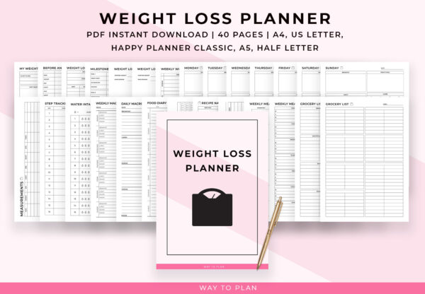 Weight Loss Journal. Printable weight loss measurement tracker. Diet planner to lose weight. Motivation goal chart. Weekly workout plan PDF