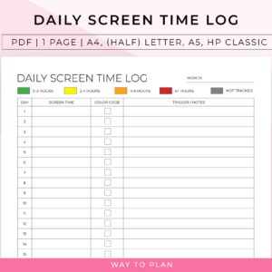 daily screen time log, screen time checklist to get an overview of your screen time habits