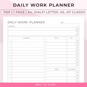 Daily Work Planner for organizing tasks, scheduling, tracking to-dos, and managing calls and emails for a productive workday
