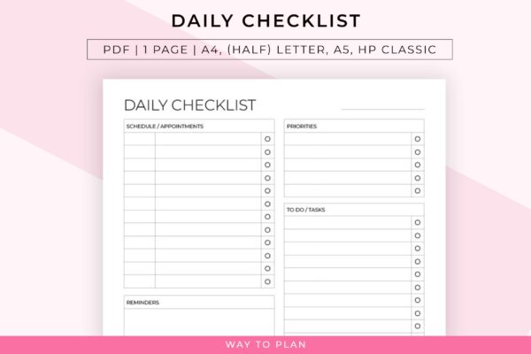 daily checklist, daily checklist planner to plan and organize your days