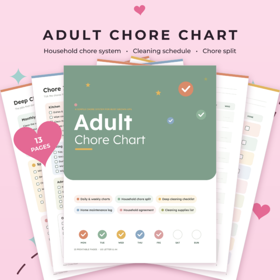 Adult Chore Chart Printable | Cleaning Schedule, Cleaning Checklist & Household Chore Split for Couples & Roommates