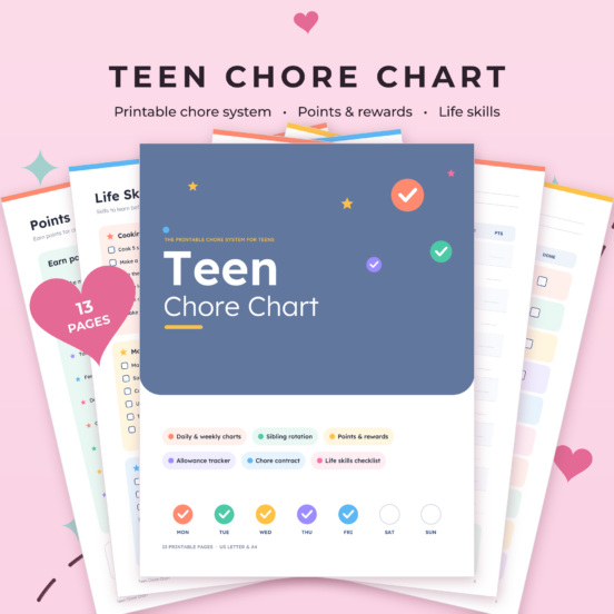 Teen Chore Chart Printable | Teenager Chore List, Allowance Chart, Sibling Chore Rotation & Life Skills Checklist
