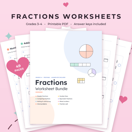Fraction Worksheet Bundle | 3rd & 4th Grade Math Worksheets, Equivalent Fractions, Compare & Add Fractions