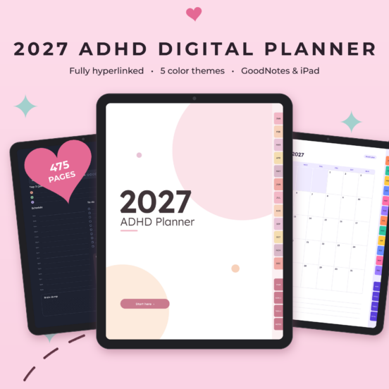 ADHD Digital Planner 2027 | Hyperlinked GoodNotes & iPad Planner with Dark Mode