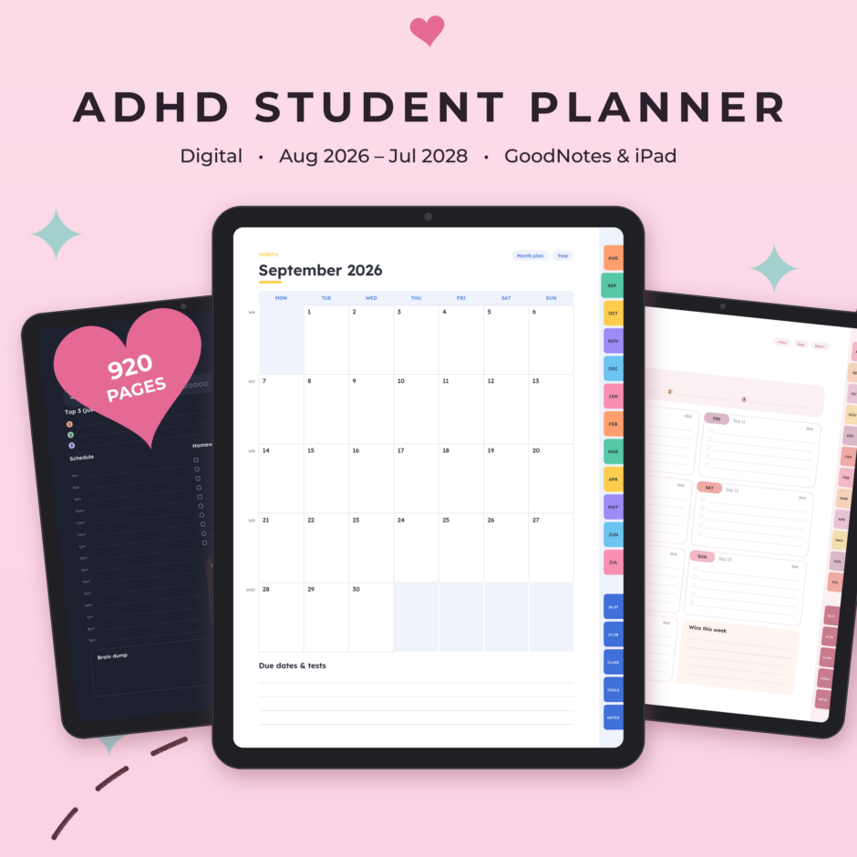 ADHD Student Planner Digital 2026-2028 for GoodNotes & iPad