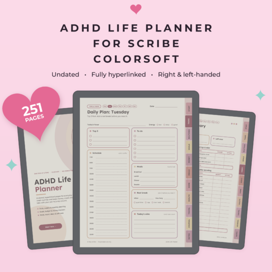 ADHD Life Planner for Kindle Scribe Colorsoft | Undated Hyperlinked Color Planner with Meals, Cleaning & Self-Care, Left & Right Handed