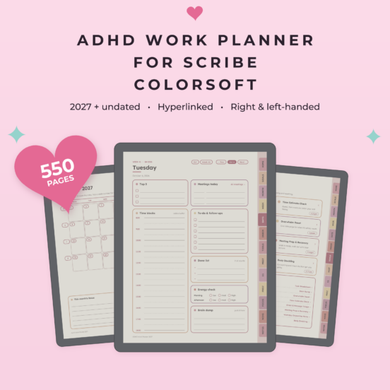 ADHD Work Planner 2027 + Undated for Kindle Scribe Colorsoft | Hyperlinked E-Ink Work Planner with Meeting Notes & Projects, Left & Right Handed