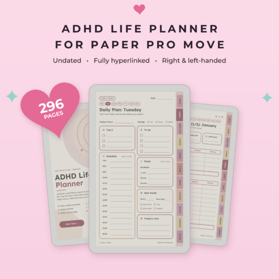 ADHD Life Planner for reMarkable Paper Pro Move | Undated Hyperlinked Color E-Ink Planner with Routines, Meals & Cleaning, Left & Right Handed