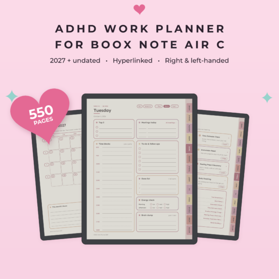 ADHD Work Planner 2027 + Undated for Boox Note Air C | Hyperlinked E-Ink Work Planner with Meeting Notes & Projects, Left & Right Handed
