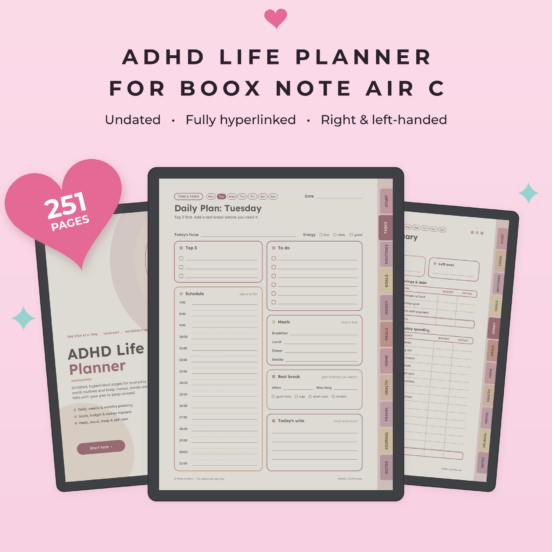 ADHD Life Planner for Boox Note Air C | Undated Hyperlinked Color E-Ink Planner with Budget, Meals & Cleaning, Left & Right Handed