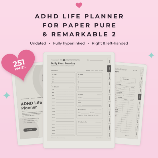ADHD Life Planner for reMarkable Paper Pure & reMarkable 2 | Undated Hyperlinked E-Ink Planner with Brain Dump & Medication Tracker, Left & Right Handed