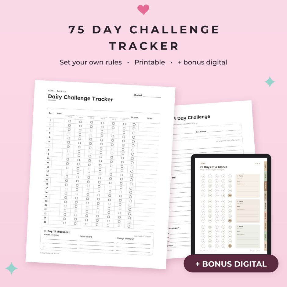 Printable 75 day challenge tracker with bonus digital version