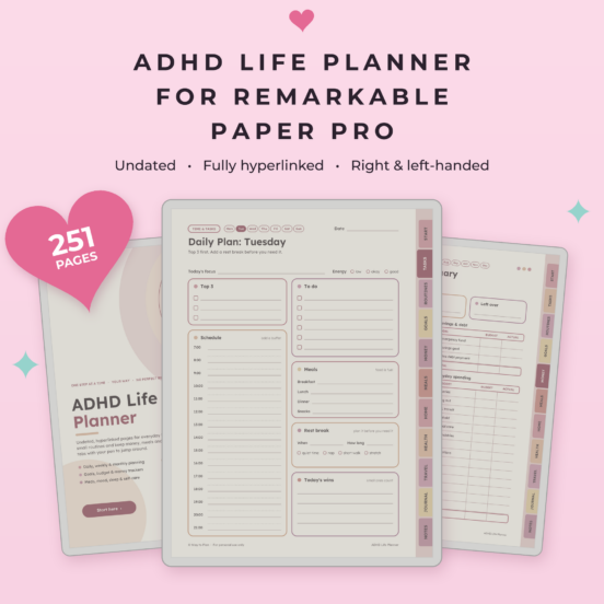 ADHD Life Planner for reMarkable Paper Pro | Undated Hyperlinked Color E-Ink Planner with Budget, Habit & Mood Trackers, Left & Right Handed