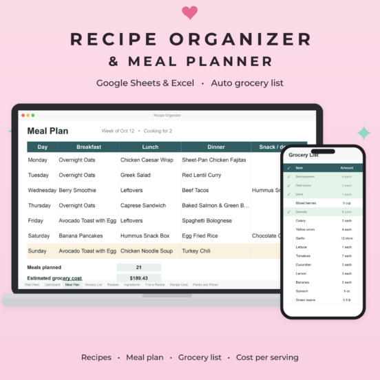 Recipe Organizer & Meal Planner Spreadsheet | Google Sheets & Excel with Auto Grocery List, Recipe Cards & Cost per Serving