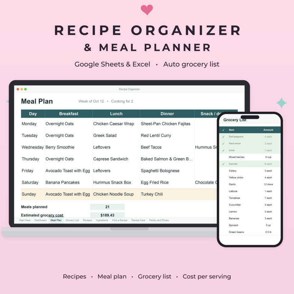 Recipe organizer and meal planner spreadsheet for Google Sheets and Excel with automatic grocery list