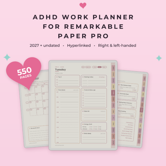 ADHD Work Planner 2027 + Undated for reMarkable Paper Pro | Hyperlinked E-Ink Work Planner with Meeting Notes & Projects, Left & Right Handed