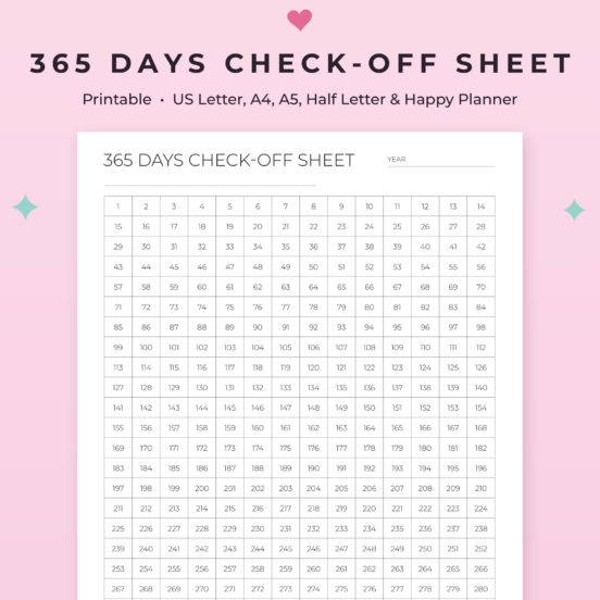 365 Days Check-Off Sheet | Printable 365 Day Tracker for Habits & Goals