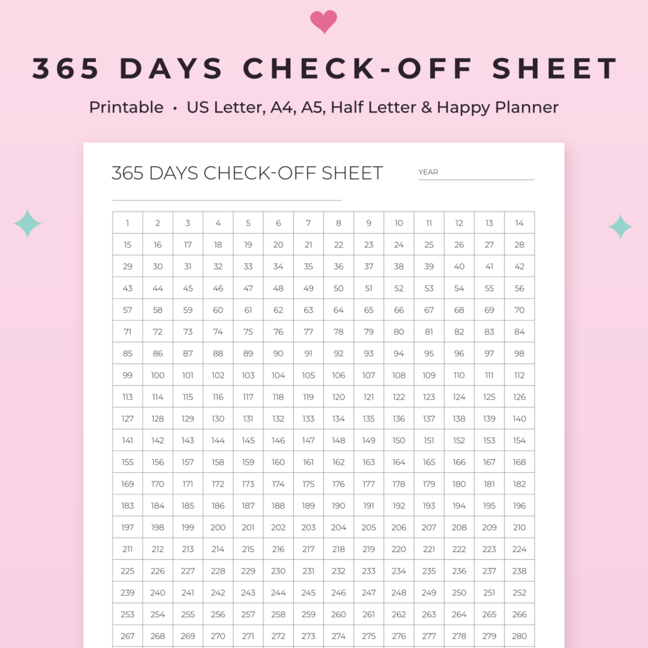 365 Days Check-Off Sheet | Printable 365 Day Tracker for Habits & Goals