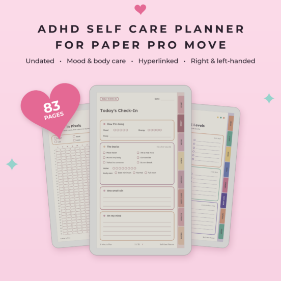 Self Care Planner for reMarkable Paper Pro Move | Mood Tracker, Mental Health Planner & Wellness Journal, Hyperlinked