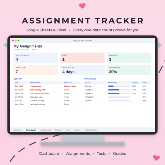 Google Sheets Assignment Tracker | Excel Spreadsheet with Due Date Countdown & Weighted Grades