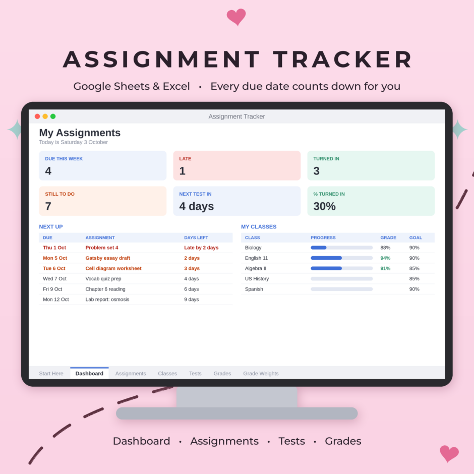 Google Sheets Assignment Tracker | Excel Spreadsheet with Due Date Countdown & Weighted Grades