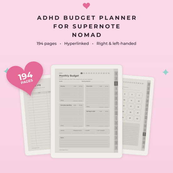ADHD Budget Planner for Supernote Nomad | Hyperlinked E-Ink Budget Planner, Left & Right Handed