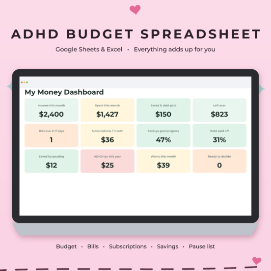 ADHD Budget Planner Spreadsheet | Google Sheets & Excel Budget Template with Bill, Subscription & Savings Trackers