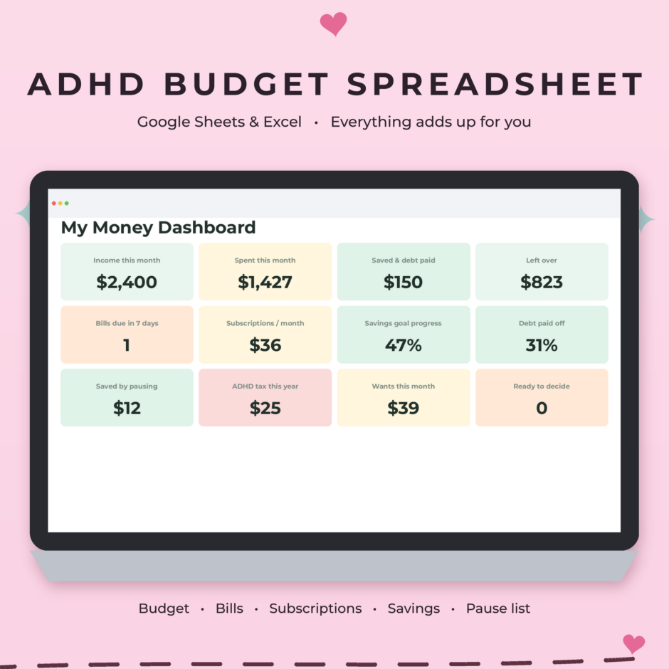 ADHD budget planner spreadsheet for Google Sheets and Excel