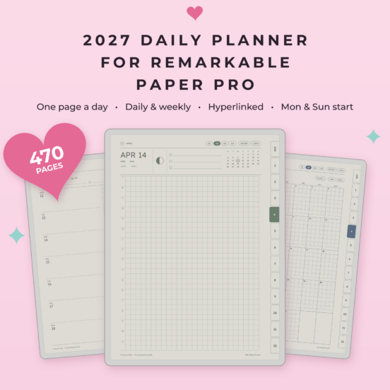 2027 Daily Planner for reMarkable Paper Pro | One Page a Day Planner, Minimalist, Hyperlinked