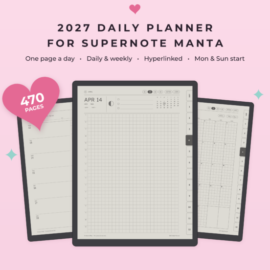 2027 Daily Planner for Supernote Manta | One Page a Day Planner, Minimalist, Hyperlinked