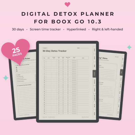 Digital Detox Planner for Boox Go 10.3 | 30 Day Habit Tracker & Screen Time Tracker, Hyperlinked