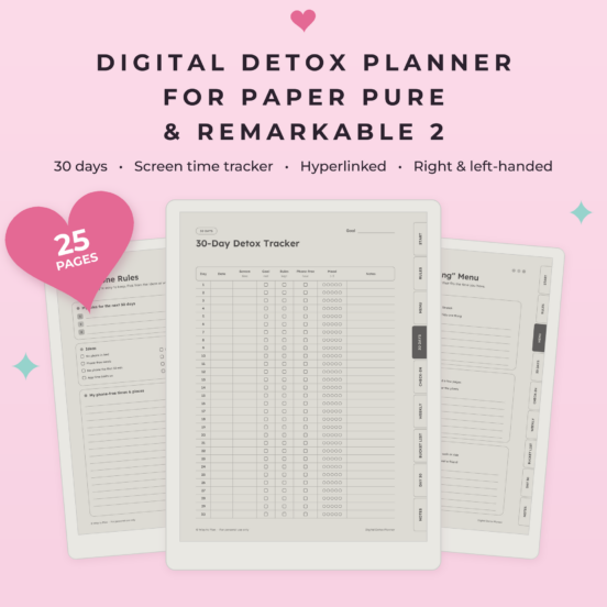 Digital Detox Planner for reMarkable Paper Pure & reMarkable 2 | 30 Day Habit Tracker & Screen Time Tracker, Hyperlinked