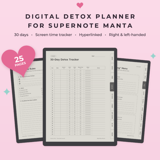 Digital Detox Planner for Supernote Manta | 30 Day Habit Tracker & Screen Time Tracker, Hyperlinked