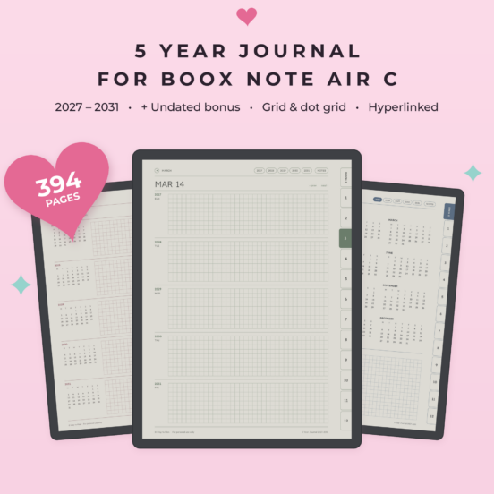 5 Year Journal 2027-2031 for Boox Note Air C | One Line a Day Journal, Daily Journal, Undated Bonus, Hyperlinked
