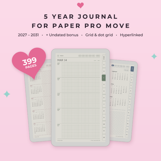 5 Year Journal 2027-2031 for reMarkable Paper Pro Move | One Line a Day Journal, Daily Journal, Undated Bonus, Hyperlinked