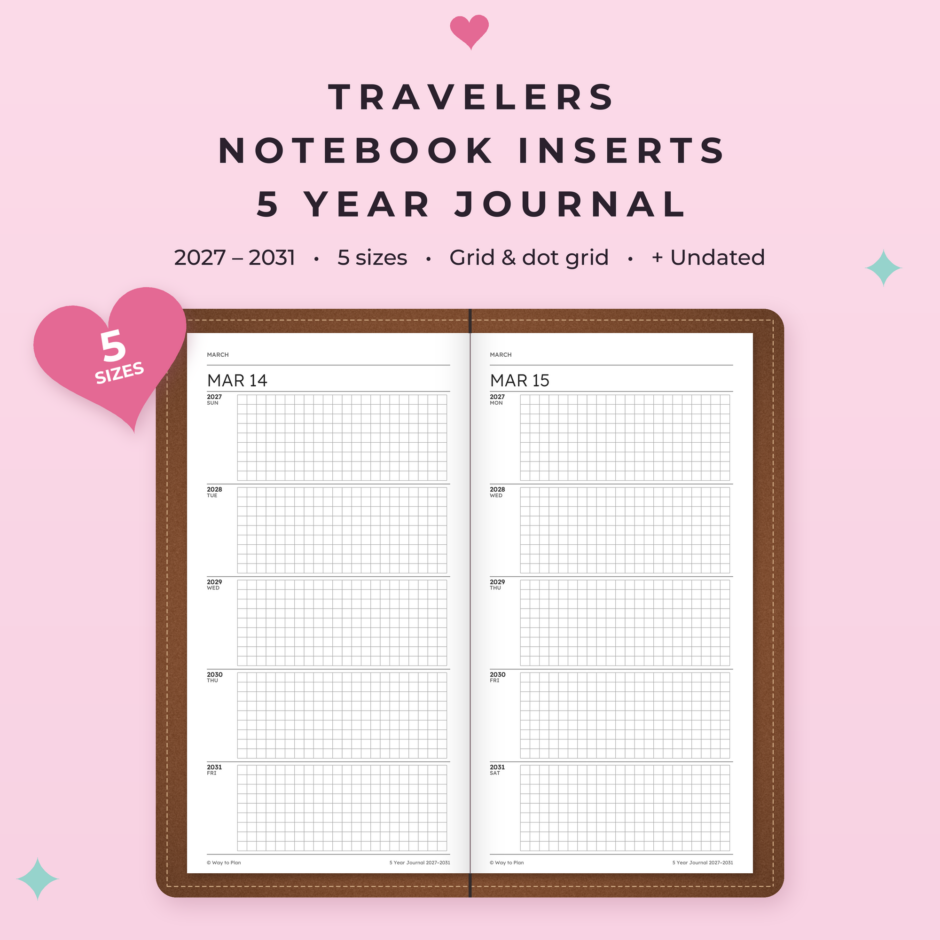 5 Year Journal Travelers Notebook Inserts 2027-2031