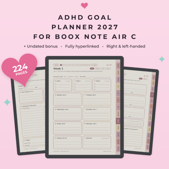 ADHD Goal Planner 2027 for Boox Note Air C | Hyperlinked Goal Setting Planner with 90 Day Plans + Undated Bonus