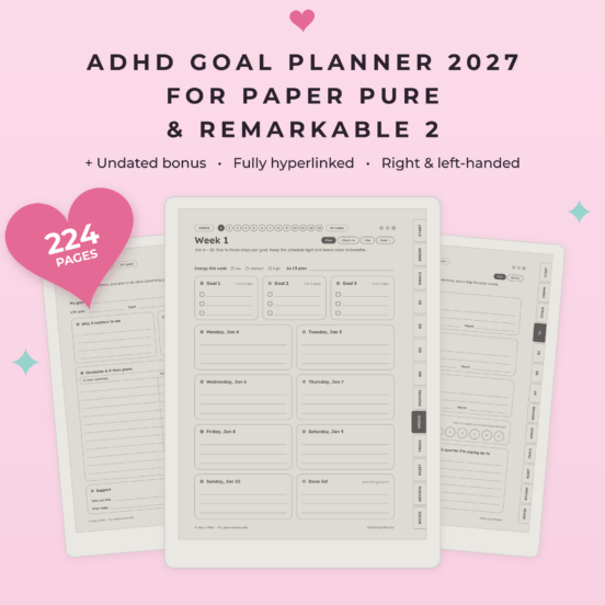 ADHD Goal Planner 2027 for reMarkable Paper Pure & reMarkable 2 | Hyperlinked Goal Setting Planner with 90 Day Plans + Undated Bonus