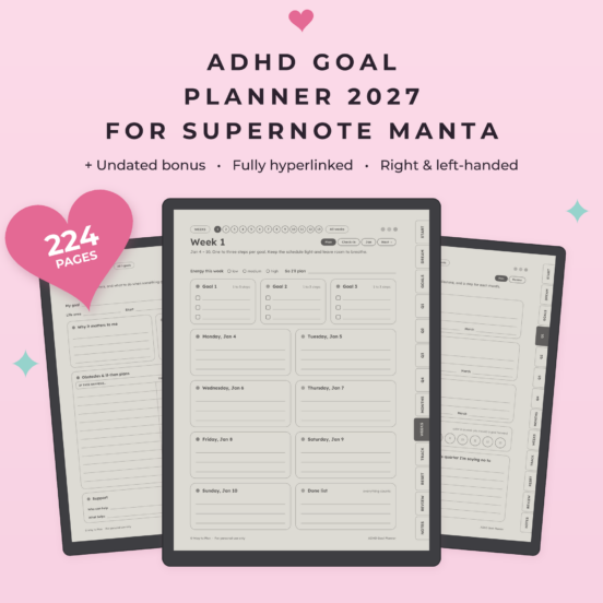 ADHD Goal Planner 2027 for Supernote Manta | Hyperlinked Goal Setting Planner with 90 Day Plans + Undated Bonus