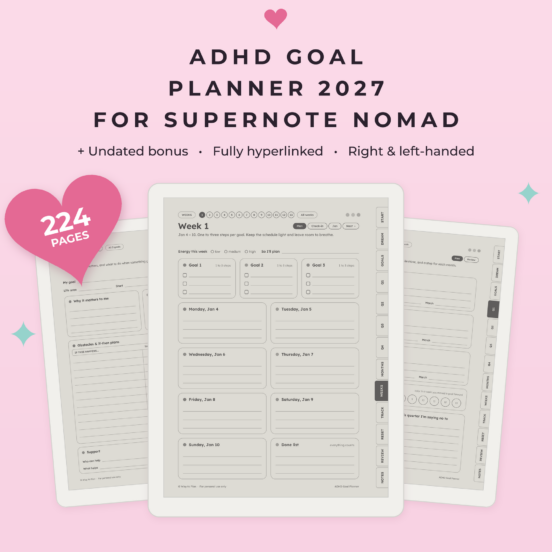 ADHD Goal Planner 2027 for Supernote Nomad | Hyperlinked Goal Setting Planner with 90 Day Plans + Undated Bonus