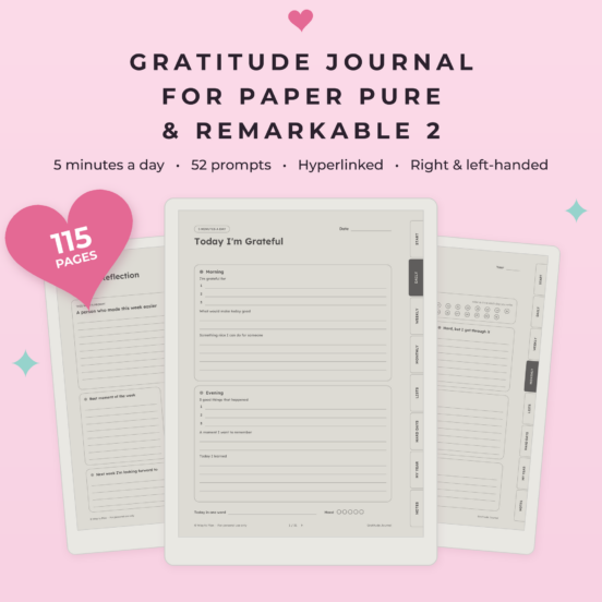 Gratitude Journal for reMarkable Paper Pure & reMarkable 2 | 5 Minute Journal, Guided Journal with 52 Prompts, Hyperlinked
