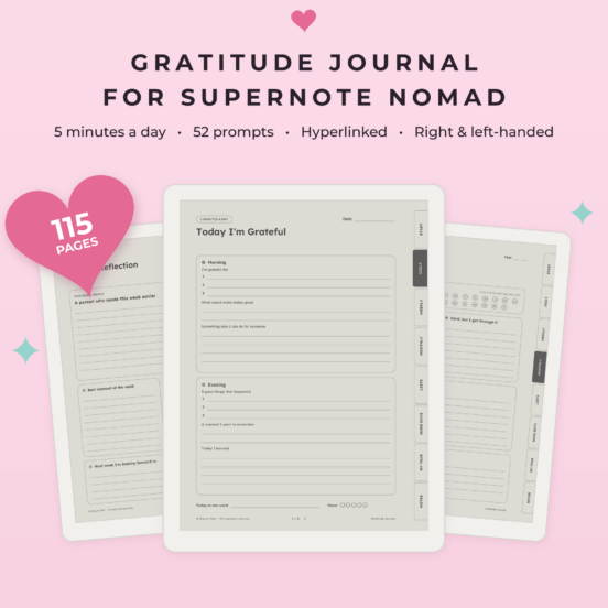 Gratitude Journal for Supernote Nomad | 5 Minute Journal, Guided Journal with 52 Prompts, Hyperlinked