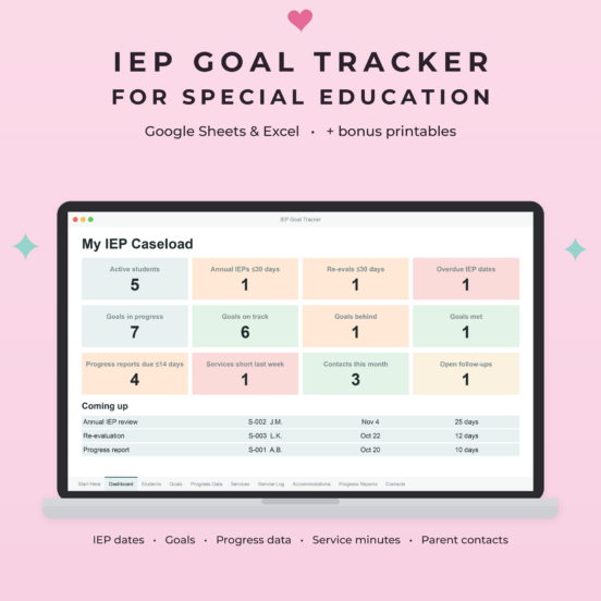 IEP Goal Tracker | Google Sheets & Excel Spreadsheet for Special Education Teachers with Progress Monitoring, Service Minutes & IEP Dates