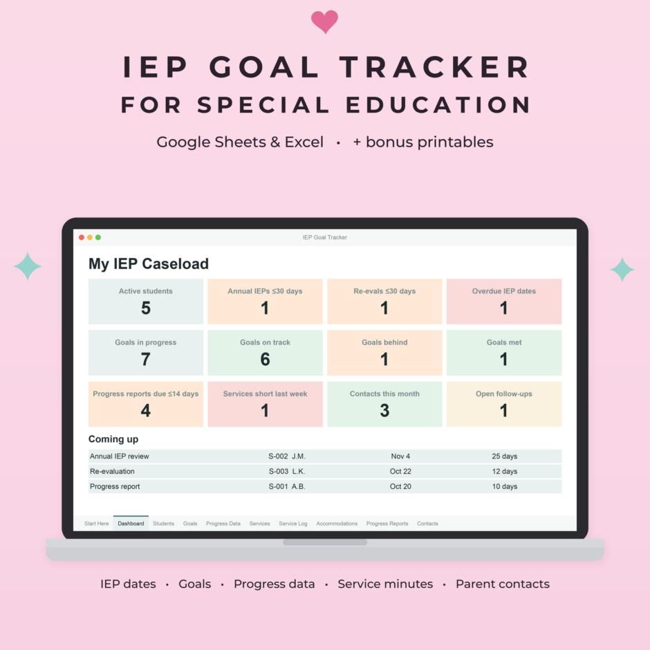 IEP Goal Tracker | Google Sheets & Excel Spreadsheet for Special Education Teachers with Progress Monitoring, Service Minutes & IEP Dates